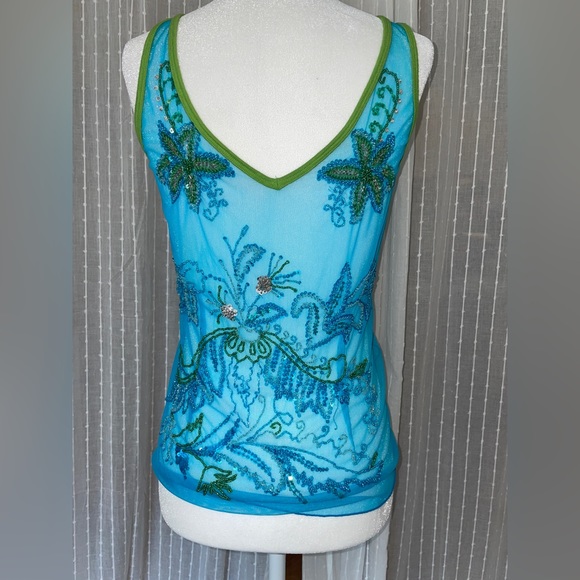 Sleeveless Tank Top Aqua Blue  Green Trim with Sequin beadwork. Comfort Stretch - Picture 2 of 6